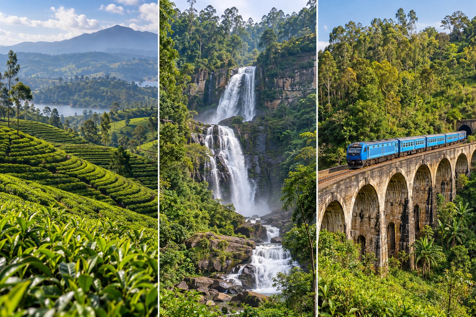 Nuwara Eliya tea plantations · Ramboda Falls · Nine Arches Bridge