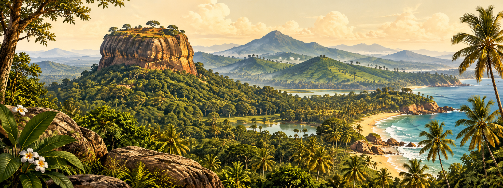 Travel illustration inspired by Sri Lanka’s tropical forests, rock landscapes, tea hills and coast