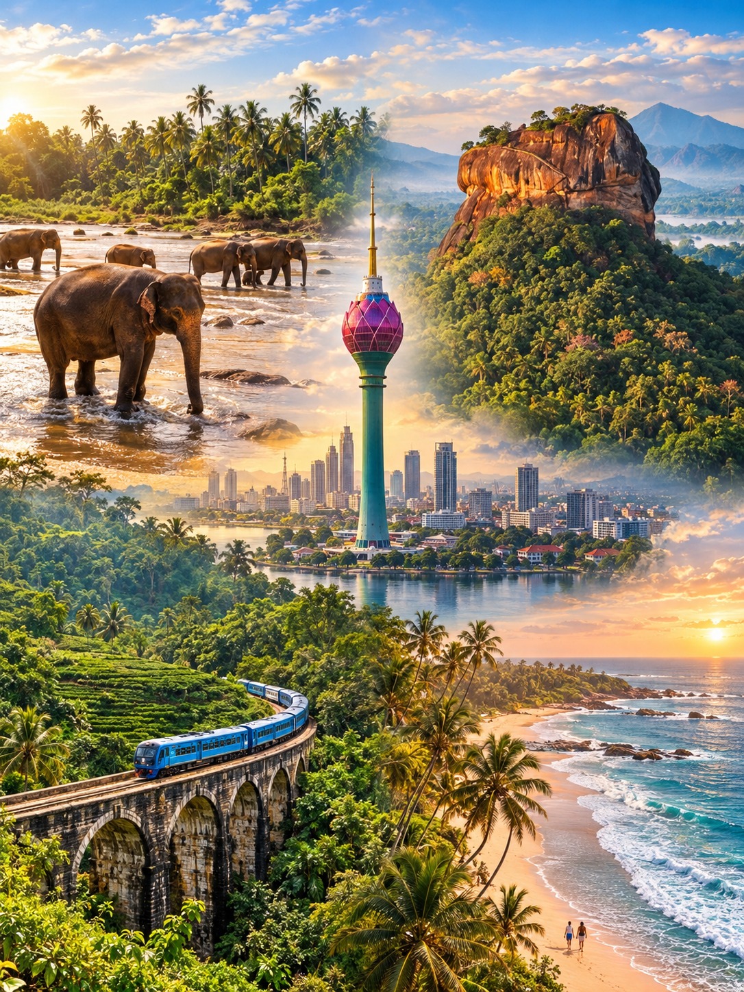 Sri Lanka collage featuring Colombo’s Lotus Tower, elephants, Sigiriya, Nine Arches Bridge and a palm-lined beach